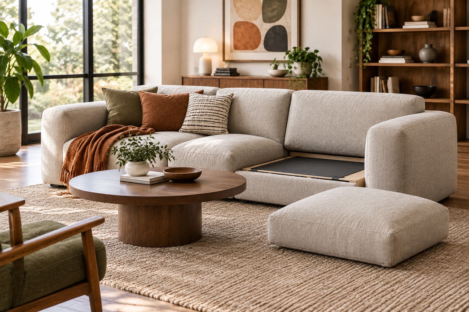 Modular sofa with a seat cushion set aside for inspection