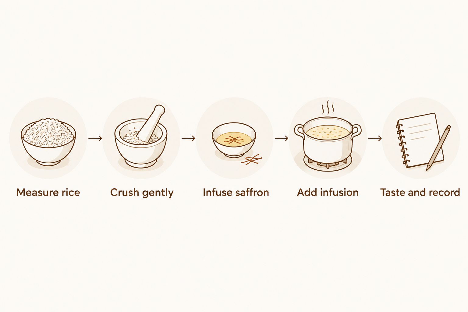 Saffron rice preparation from measuring dry rice to tasting and recording the result