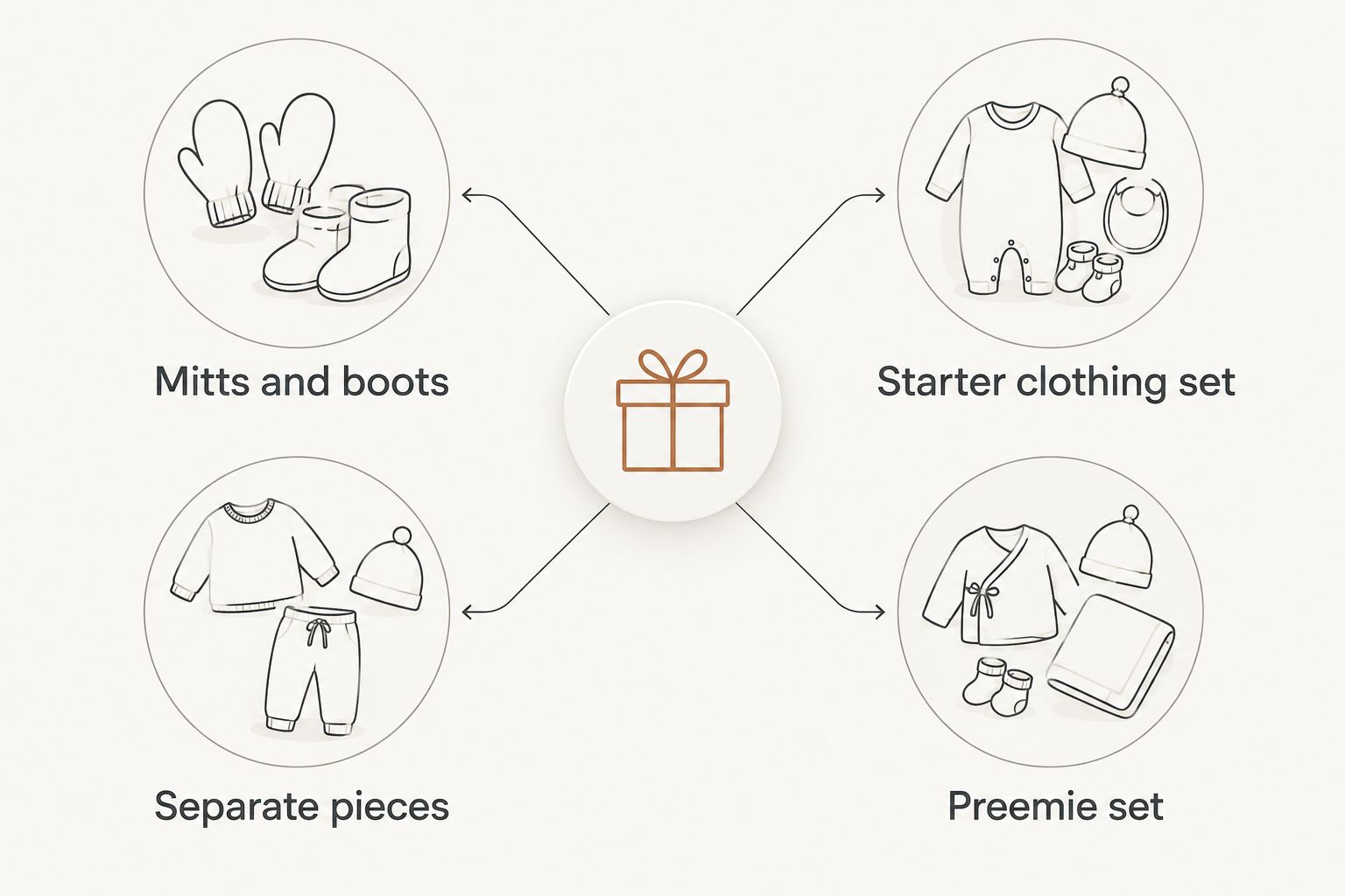 Comparison of mitts and boots, separate pieces, starter clothing sets, and preemie sets