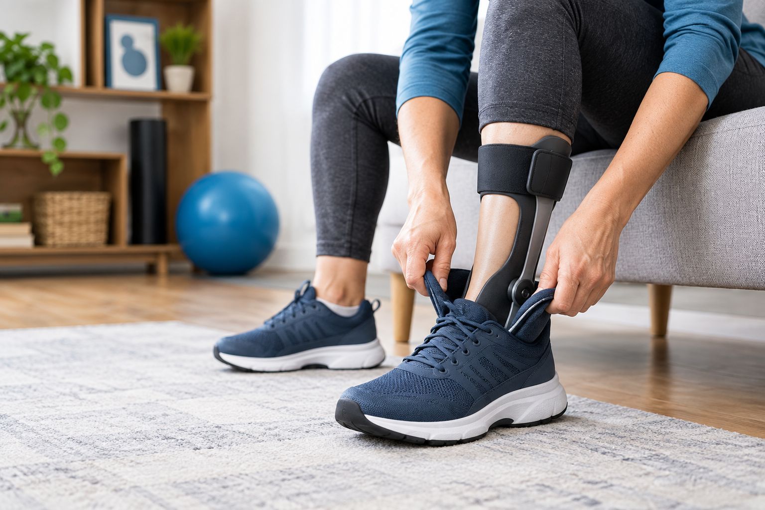 Foot wearing an ankle-foot orthosis being fitted into a high-top shoe