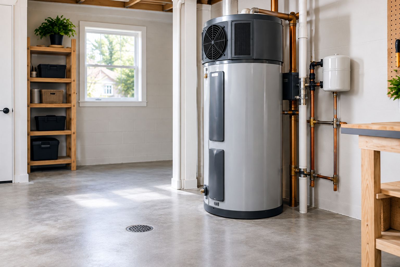 Basement utility room with clearance around a water heater unit and a floor drain