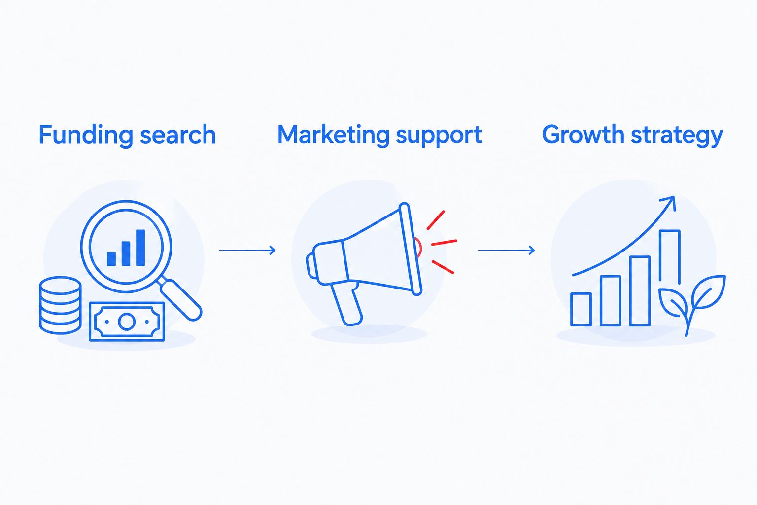 Three business needs: funding search, marketing support, and growth strategy