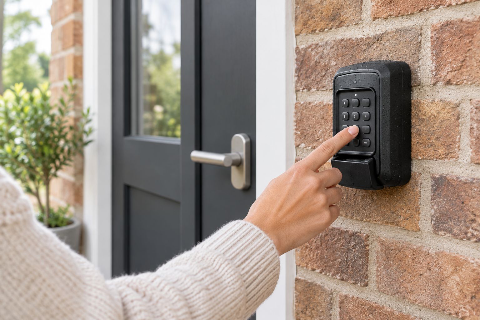 Digital keypad key safe mounted beside a front door