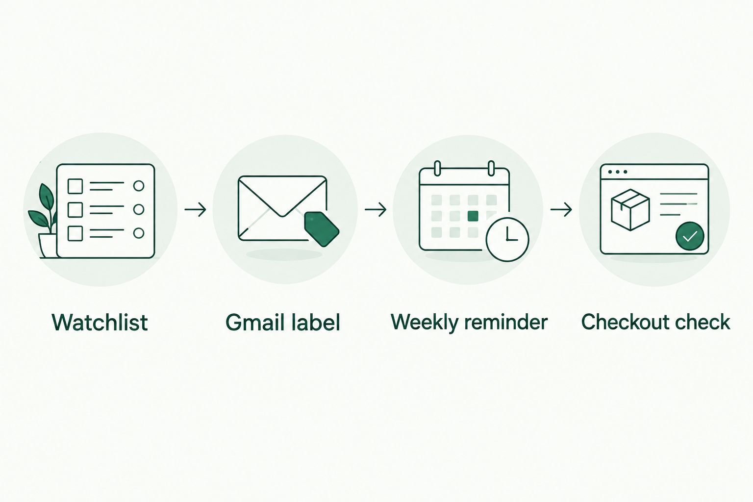 Workflow from a product watchlist through a Gmail label and weekly reminder to a checkout check