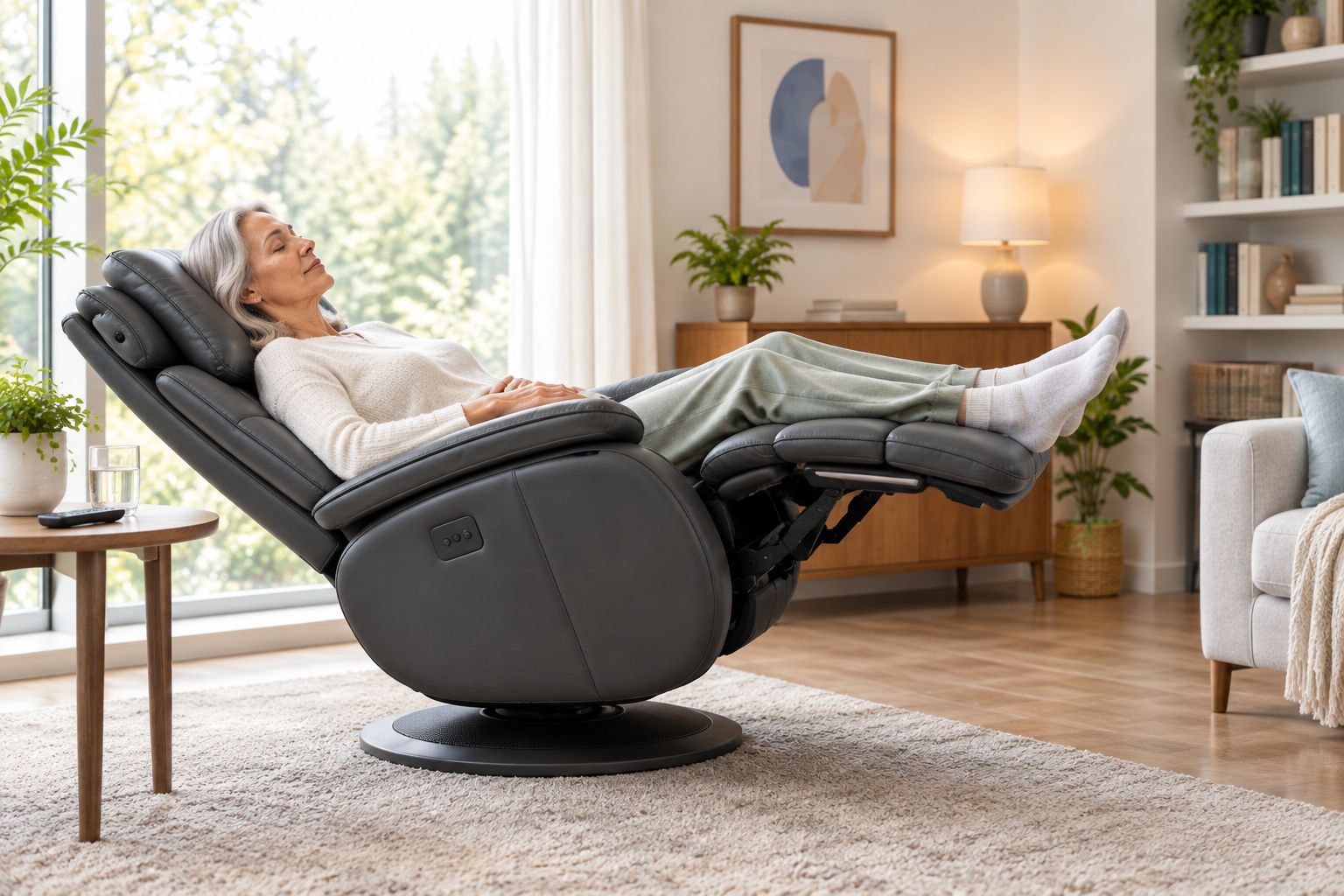 Person reclined in a zero gravity recliner with legs elevated in a home living room