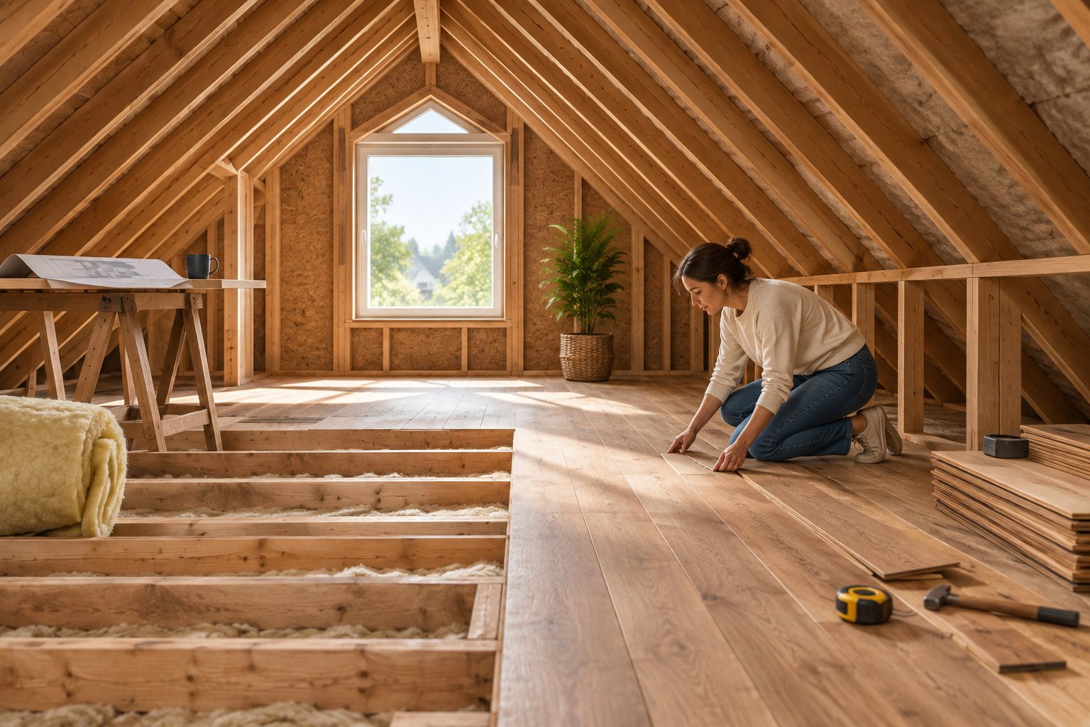 Unfinished attic space with exposed rafters and a steep roofline
