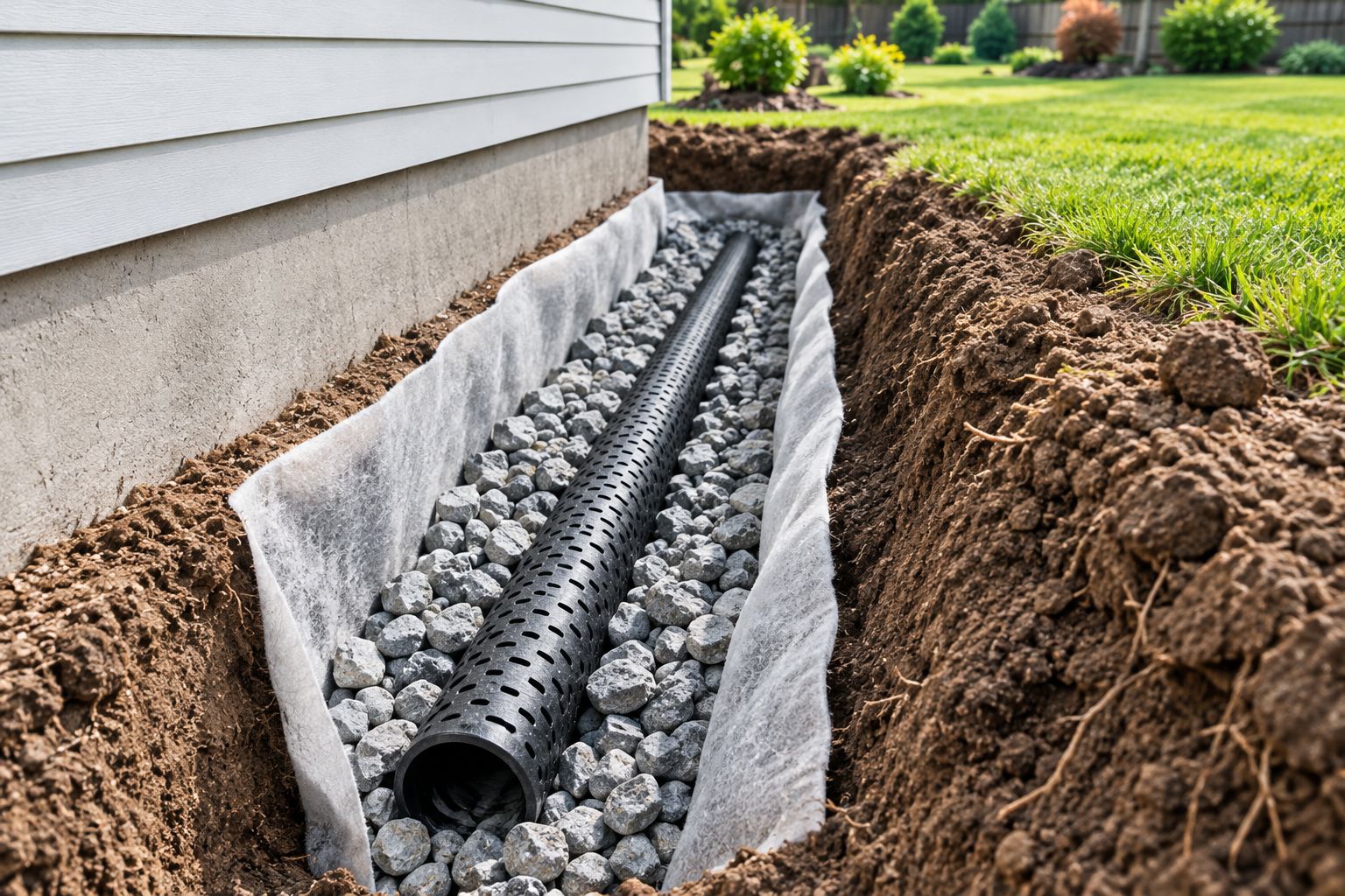 Drainage trench with perforated pipe, drainage stone, and fabric separating the stone from soil