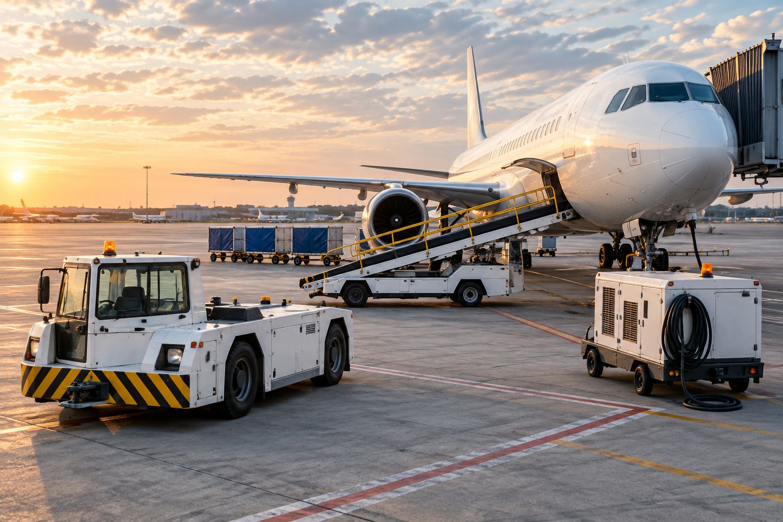 Ground support equipment lined up on an airport apron near an aircraft
