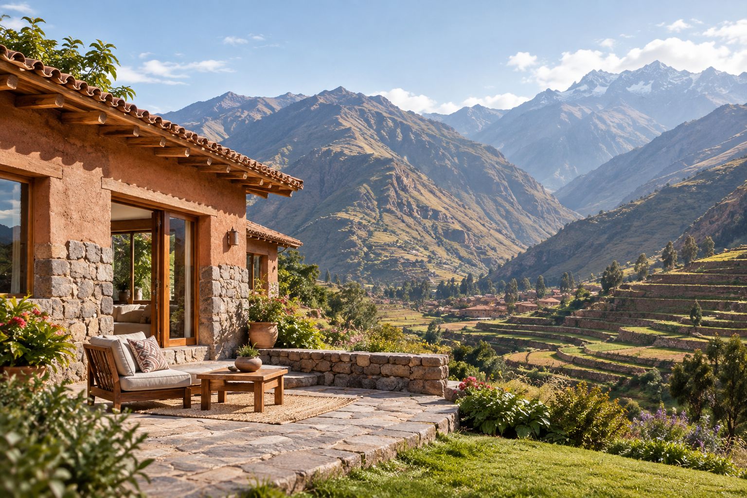 Adobe home in Peru's Sacred Valley with Andean mountains behind it
