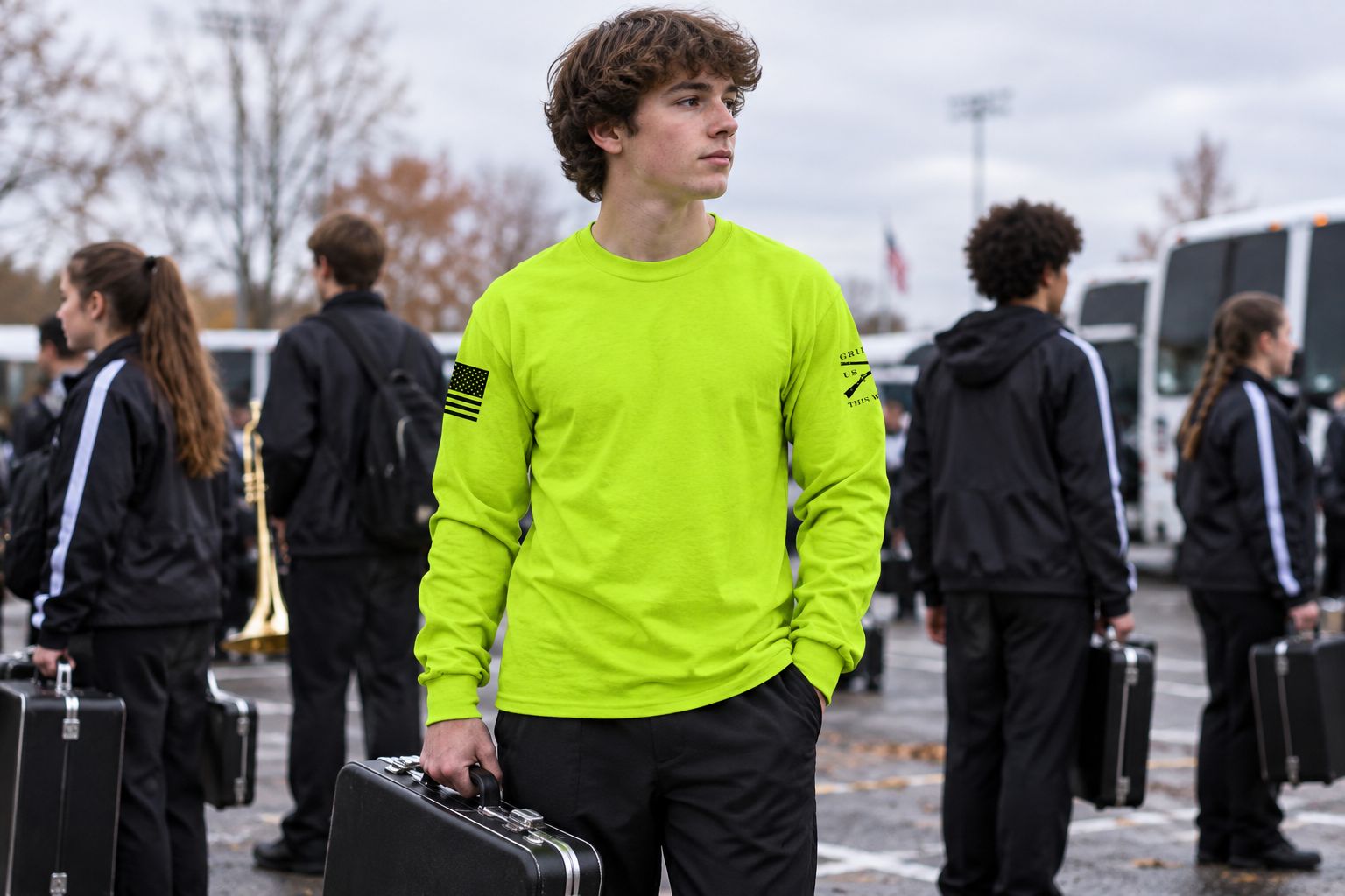 Student wearing a safety-green long sleeve at an early morning parade staging area