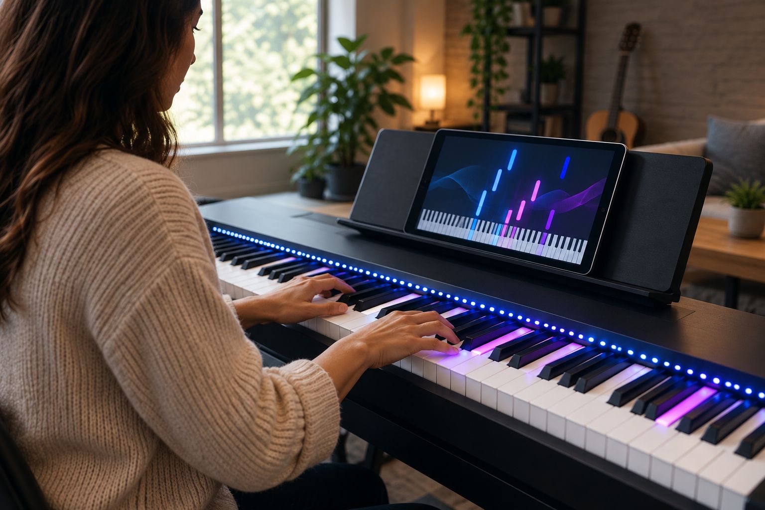 A pianist practising a short keyboard passage with illuminated note guidance