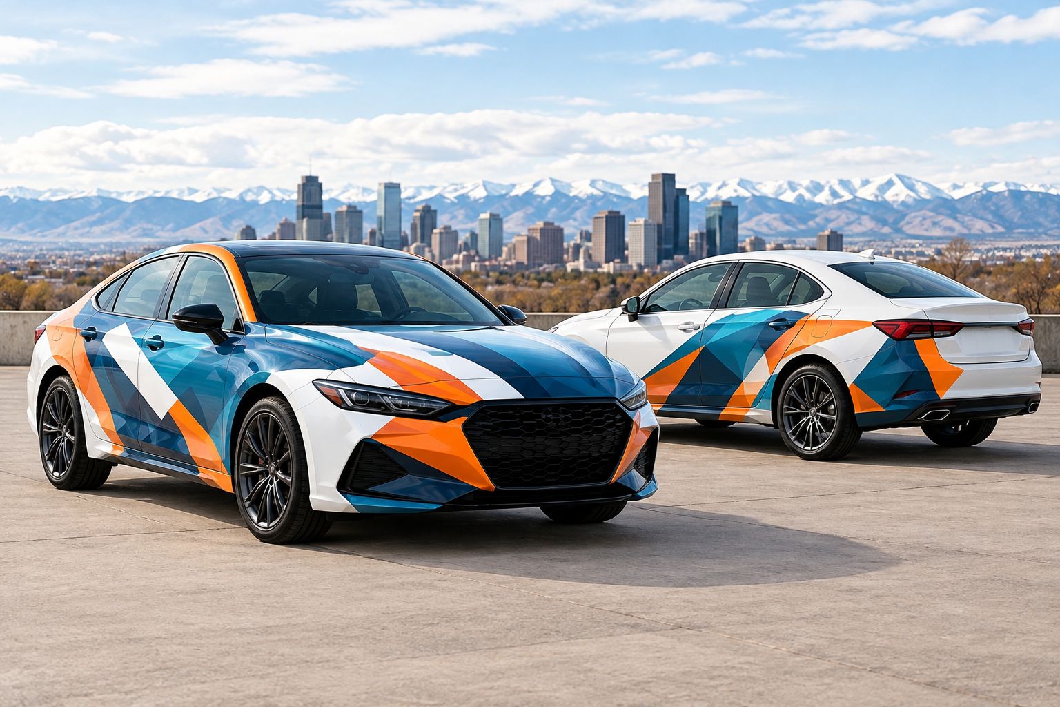 Side-by-side view of broad vehicle-wrap coverage and graphics limited to selected panels