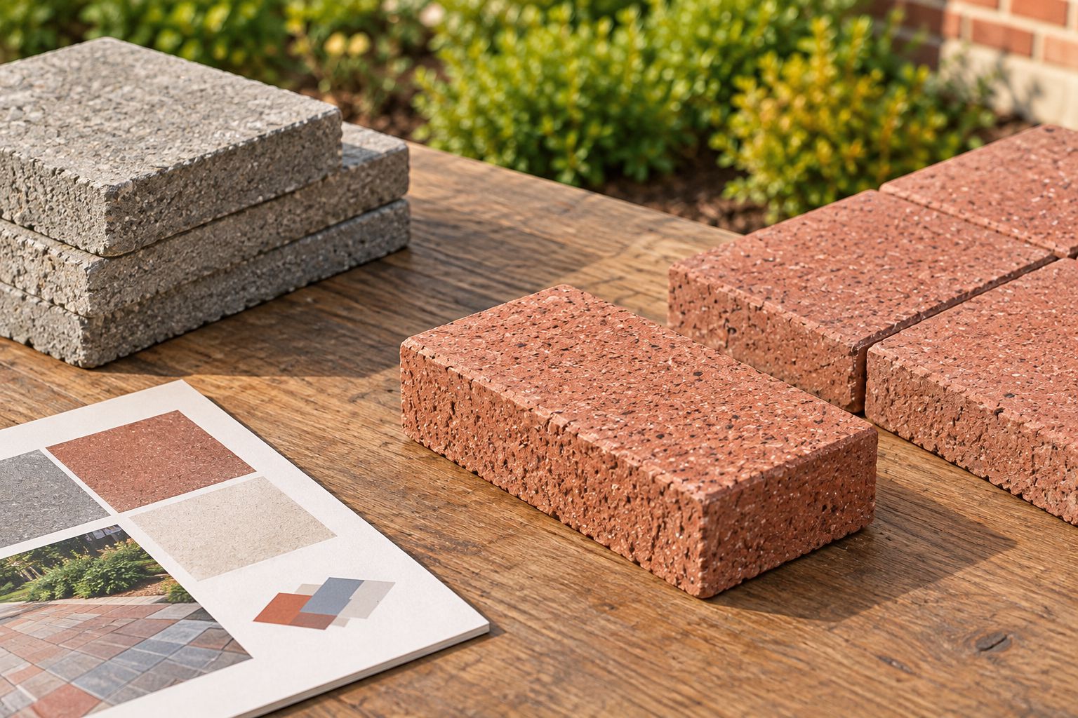 An engraved brick sample beside paving materials for a hands-on material review