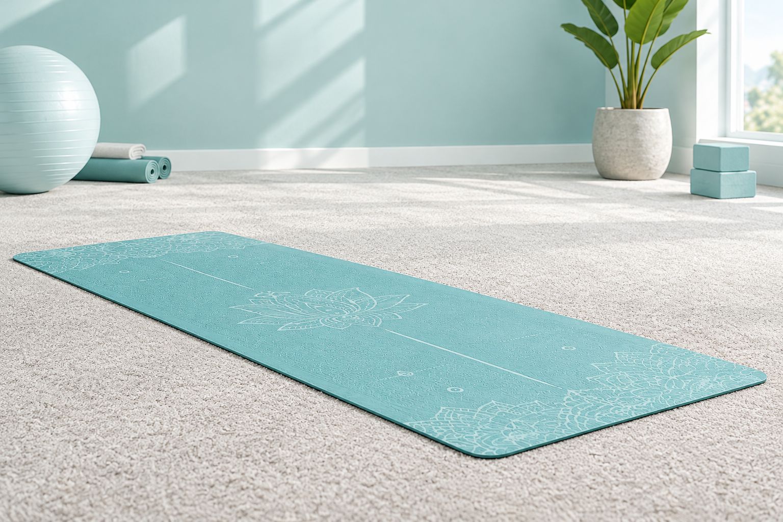 Yoga mat lying flat on short-pile carpet with clear space around its edges