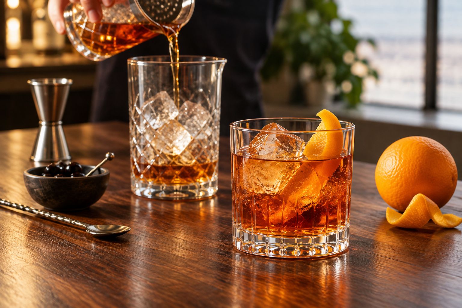 Rum old fashioned with ice and orange peel beside a mixing glass