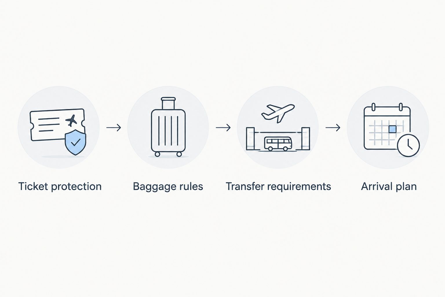 Four checks for comparing flight itineraries: ticket protection, baggage, transfers and arrival planning.