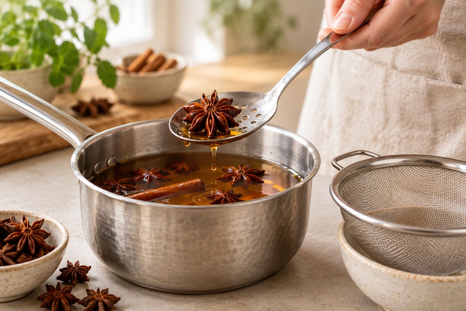 A whole star anise pod being removed from warm poaching liquid