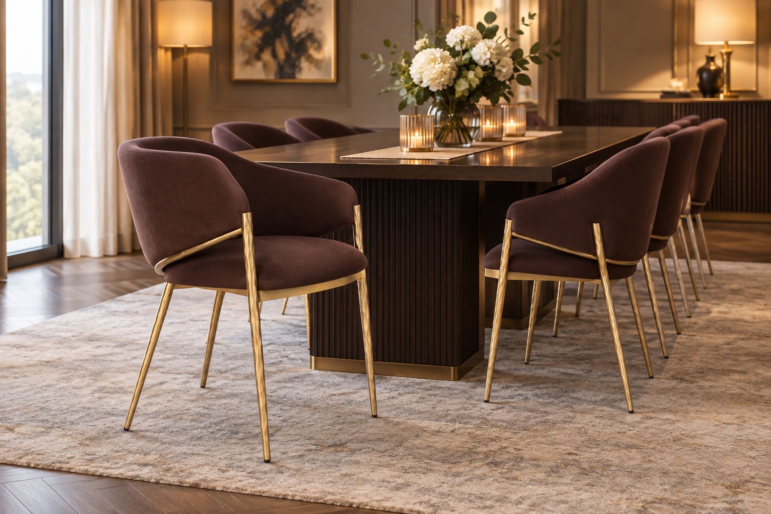 Chocolate linen dining chair with brass legs at the head of a hotel-style dining table
