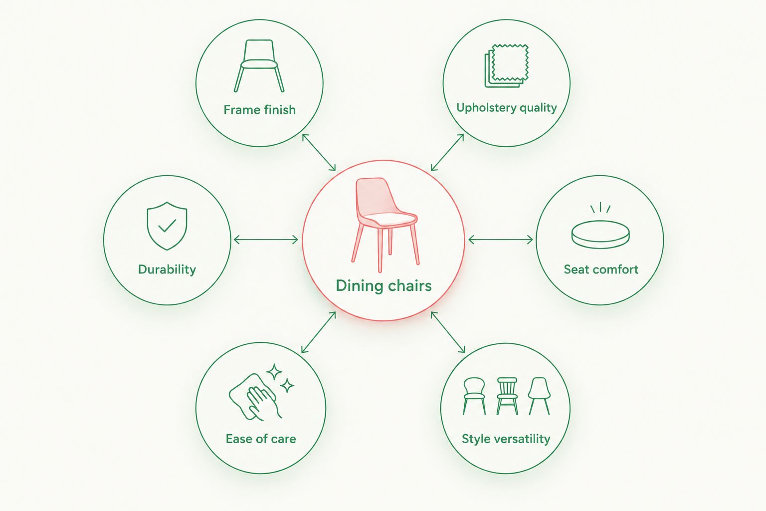 Diagram of six criteria used to rank dining chairs, arranged around a central hub