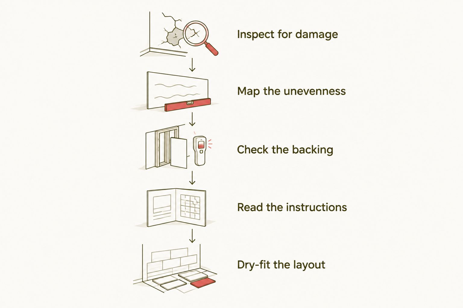 Wall preparation sequence from checking damage to dry-fitting the panel layout