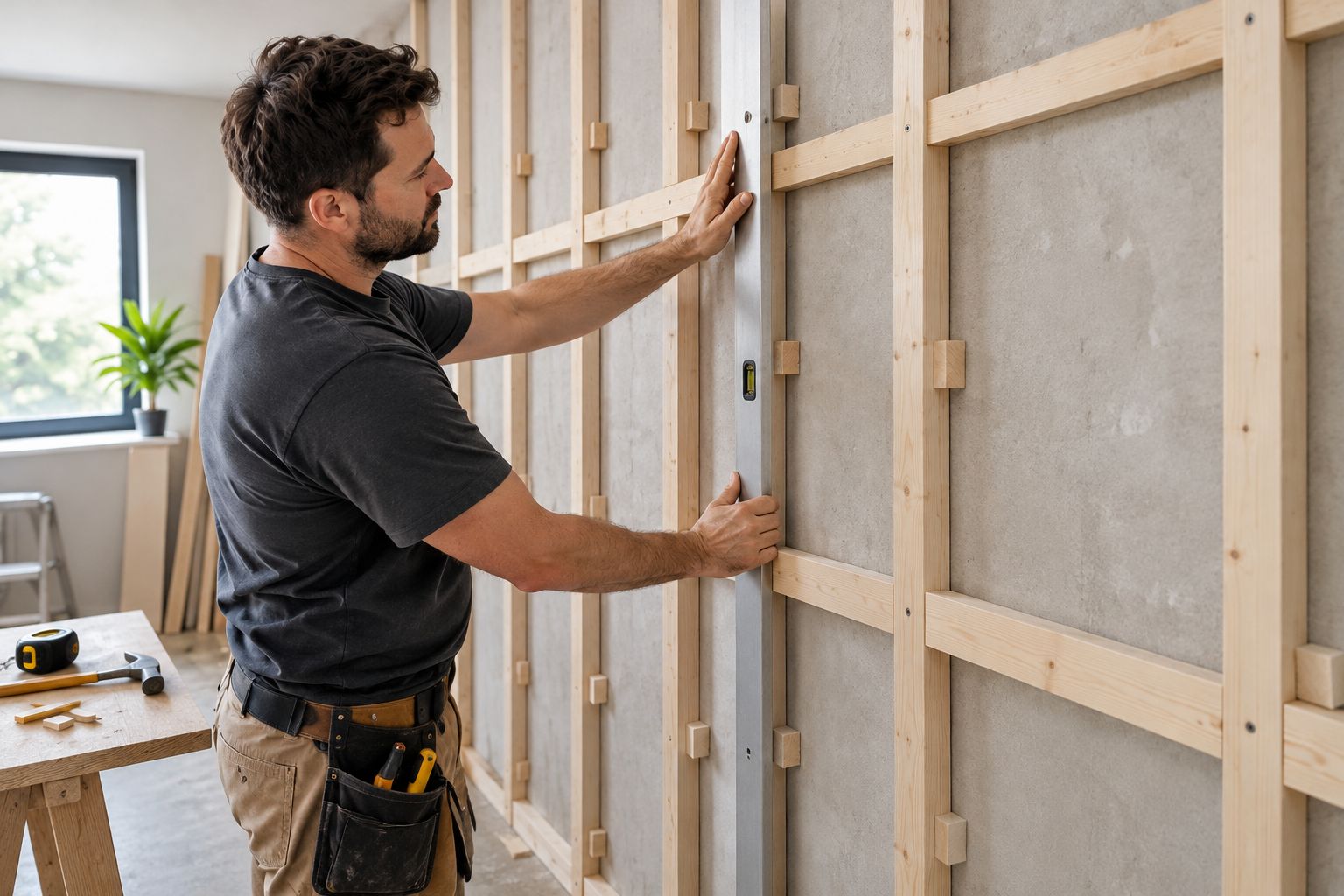 Timber battens checked with a straightedge to create flat support in front of an uneven wall
