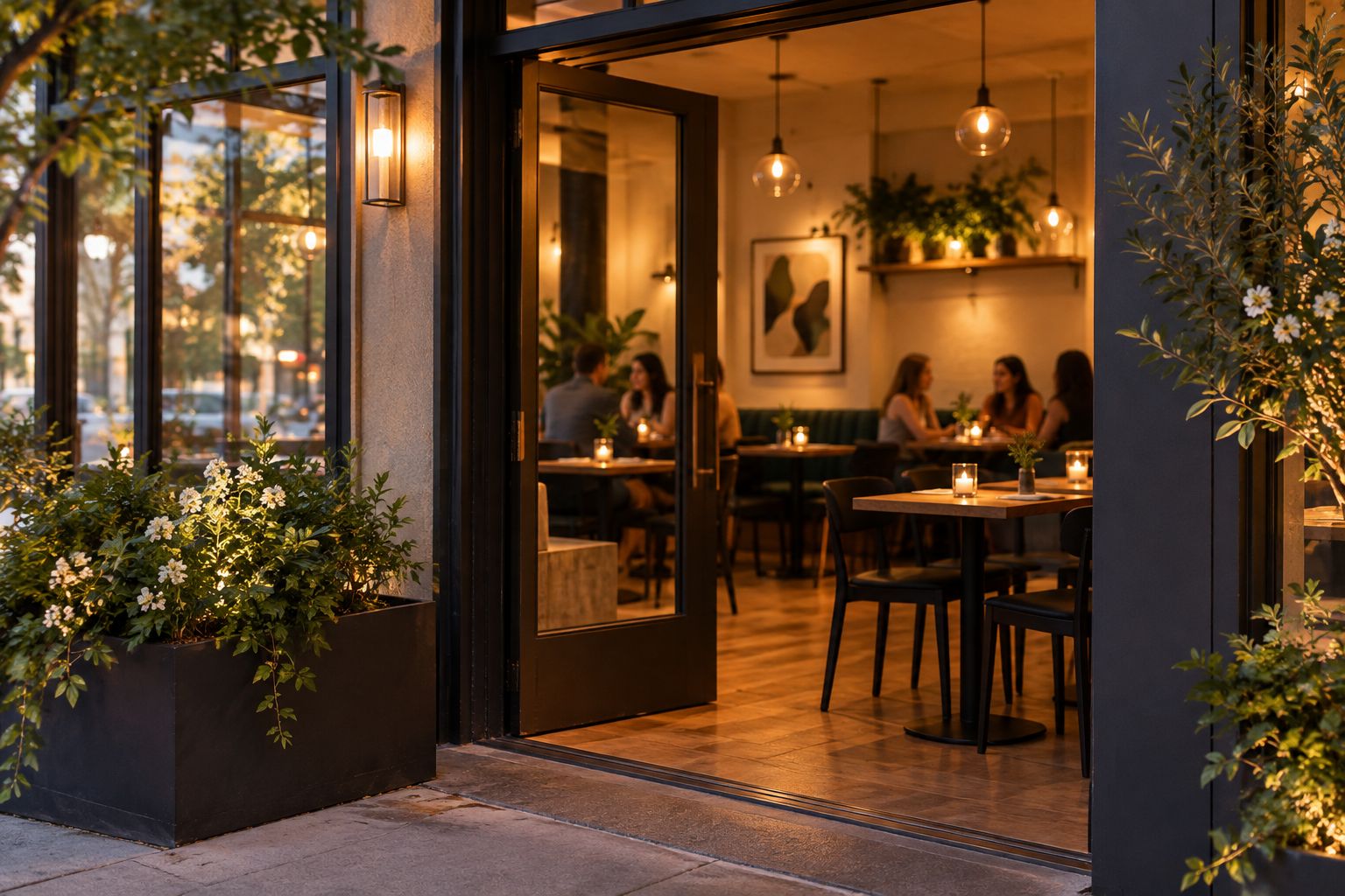 Bottle-free wine-bar entrance with the doorway and interior seating visible