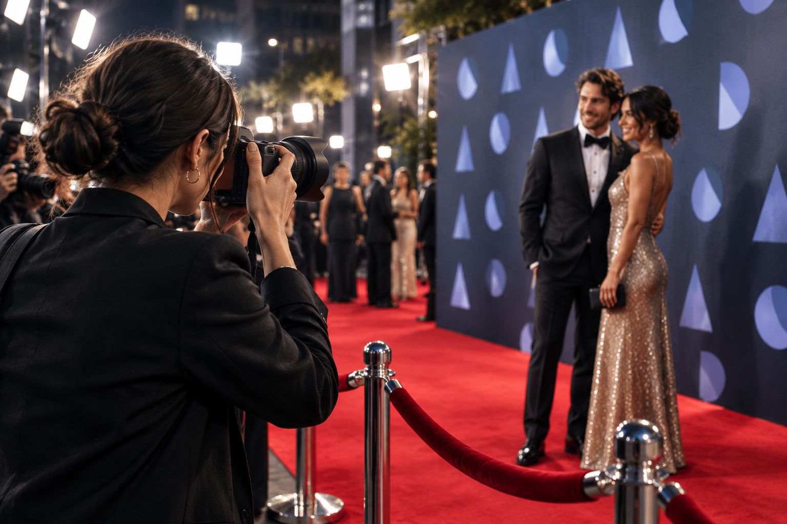 Photographer capturing arrivals on a film premiere red carpet