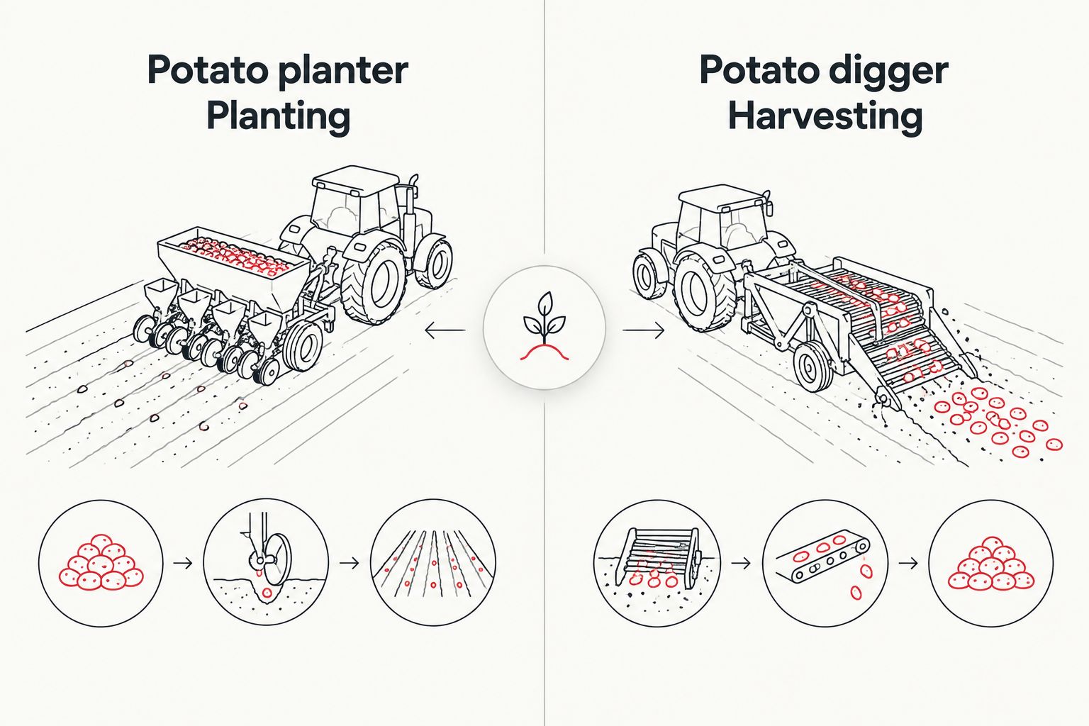 Two-column comparison separating potato planting from potato harvesting