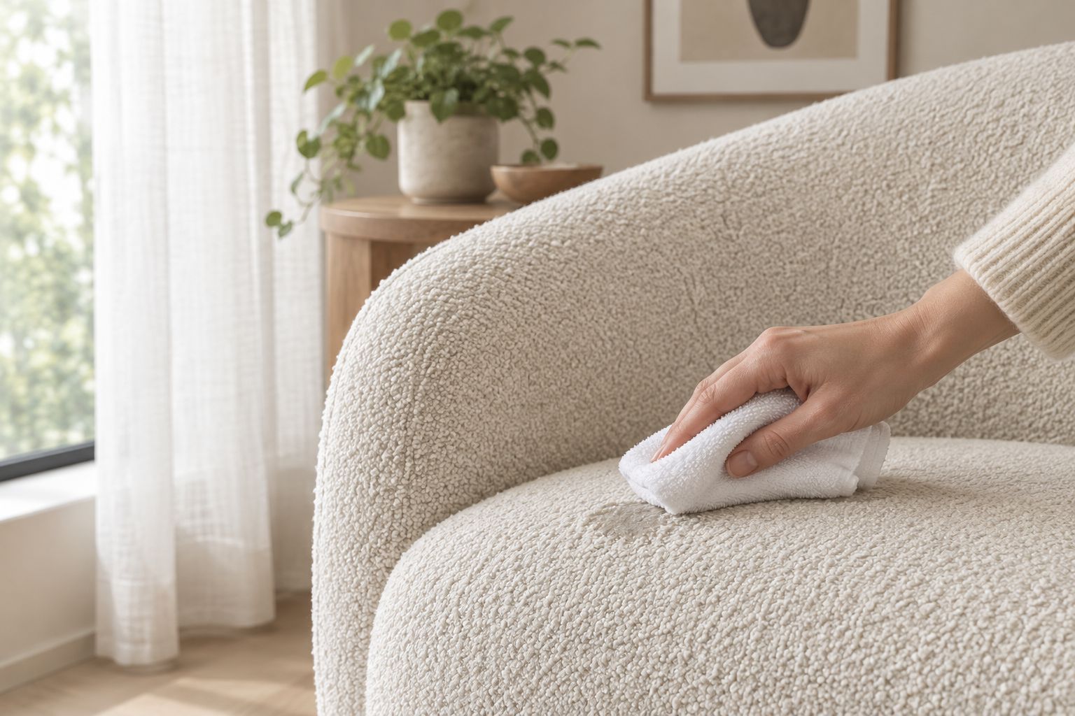 Gentle blotting of cream loop-textured upholstery beside a softly shaded window