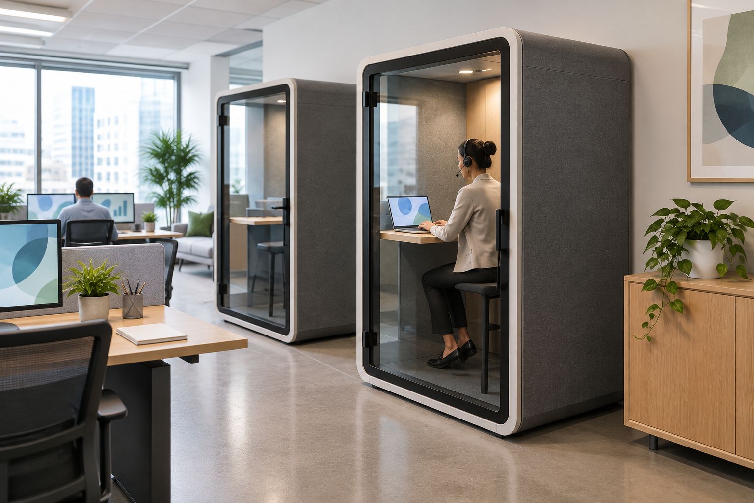 An enclosed booth used for a headset call beside healthcare administration desks