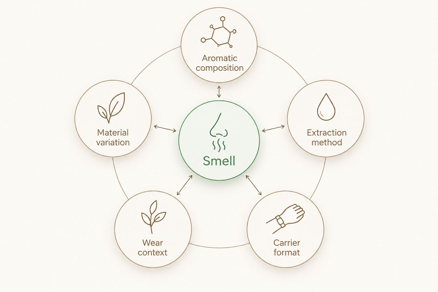Five factors shaping perfume smell: composition, extraction, carrier, wear context, and material variation.