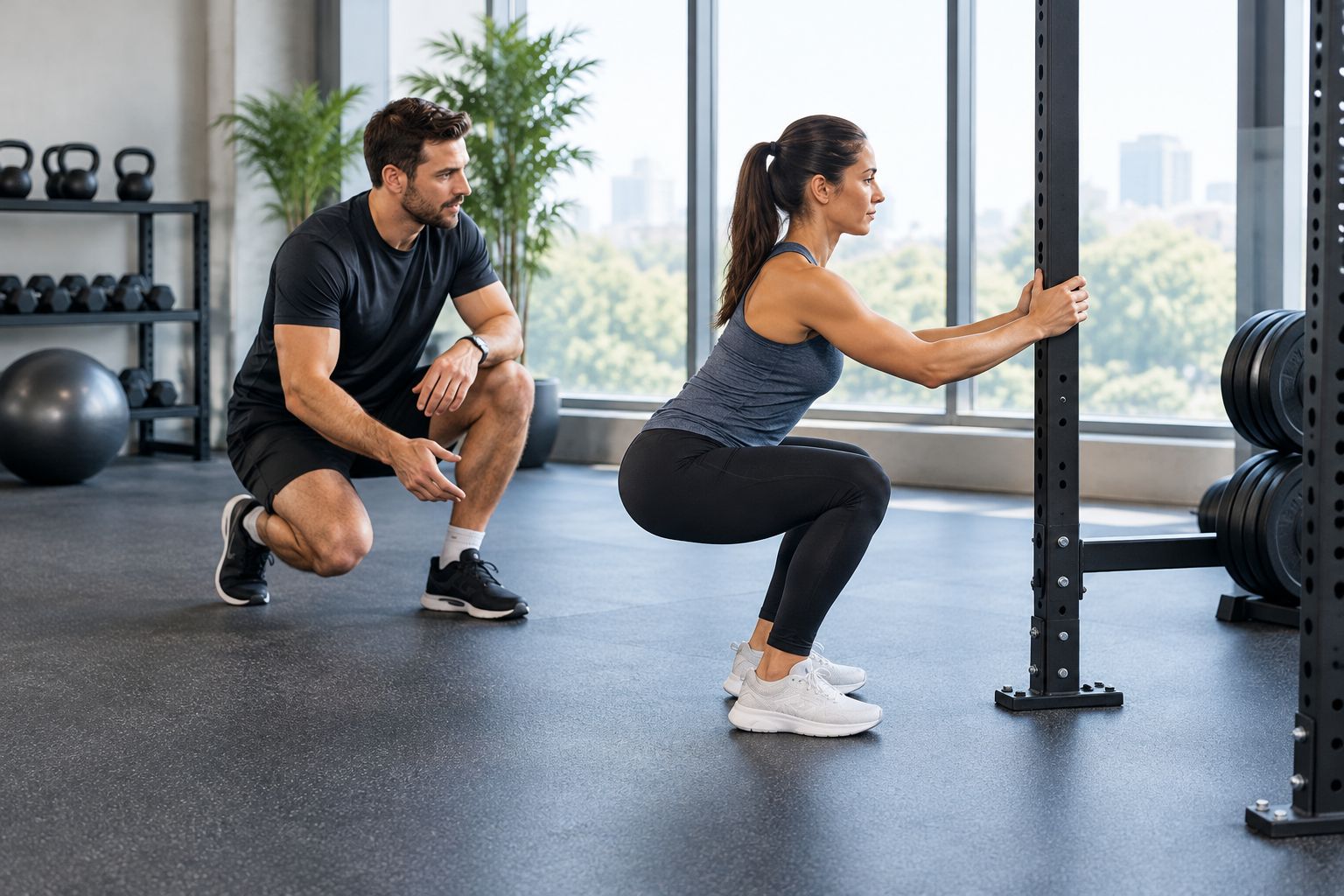 Personal trainer observing a client practicing a supported squat with a stable handhold