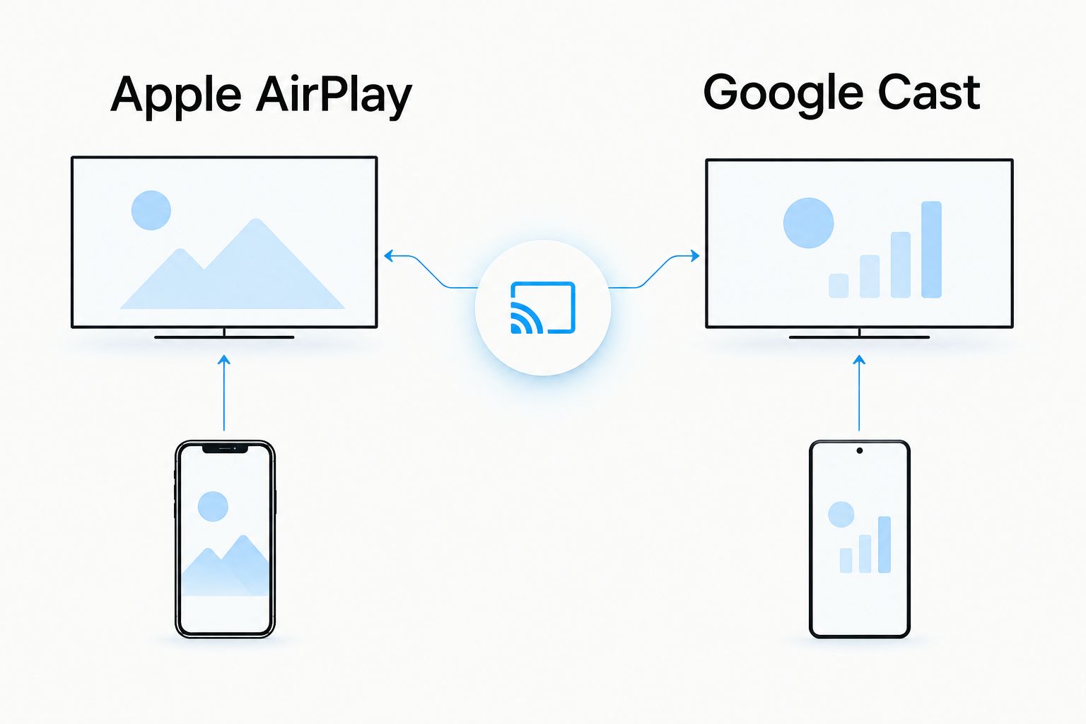 Two connection paths: iPhone with Apple AirPlay, and Android with Google Cast.