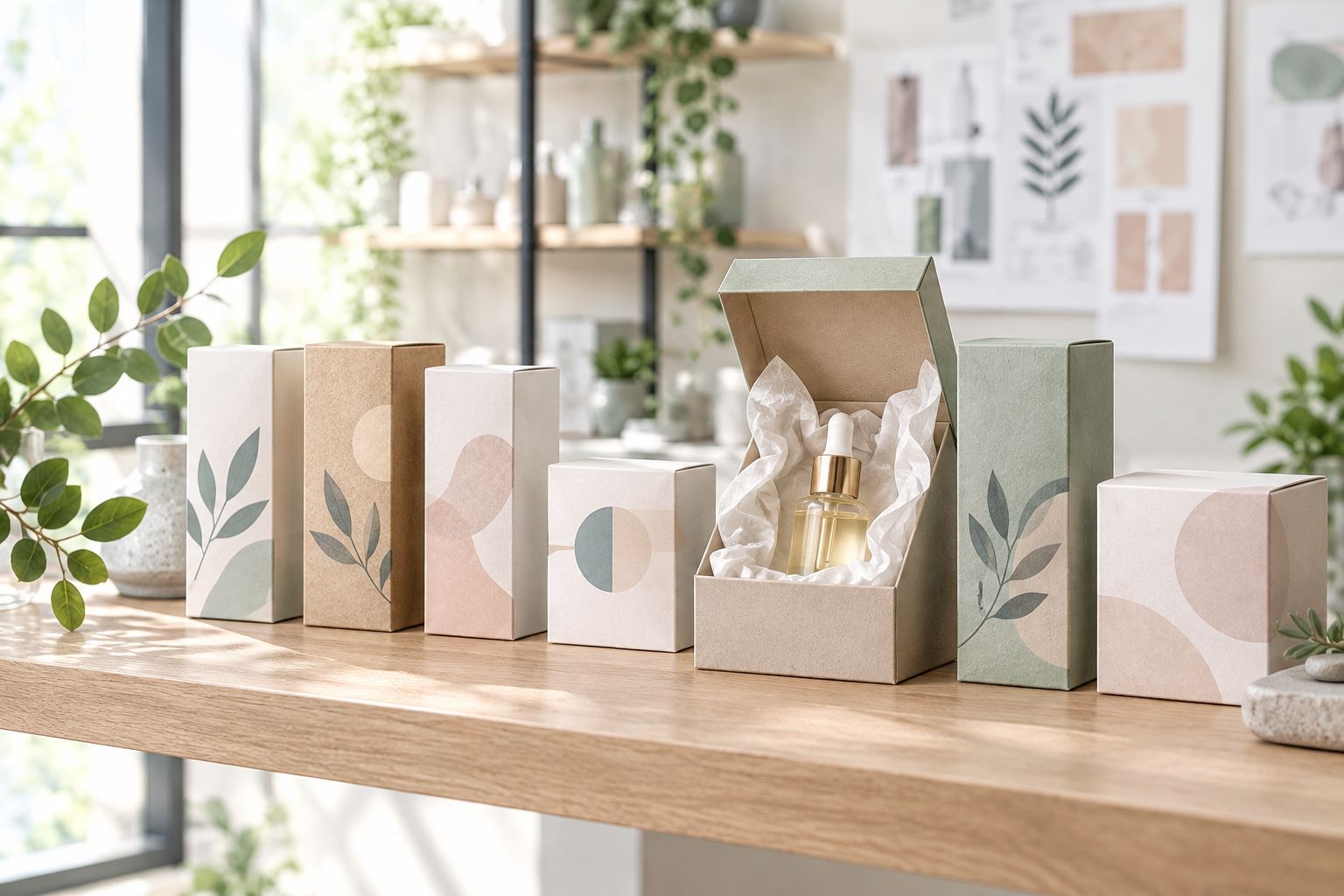 Custom printed skincare boxes lined up on a shelf, one open showing a serum bottle