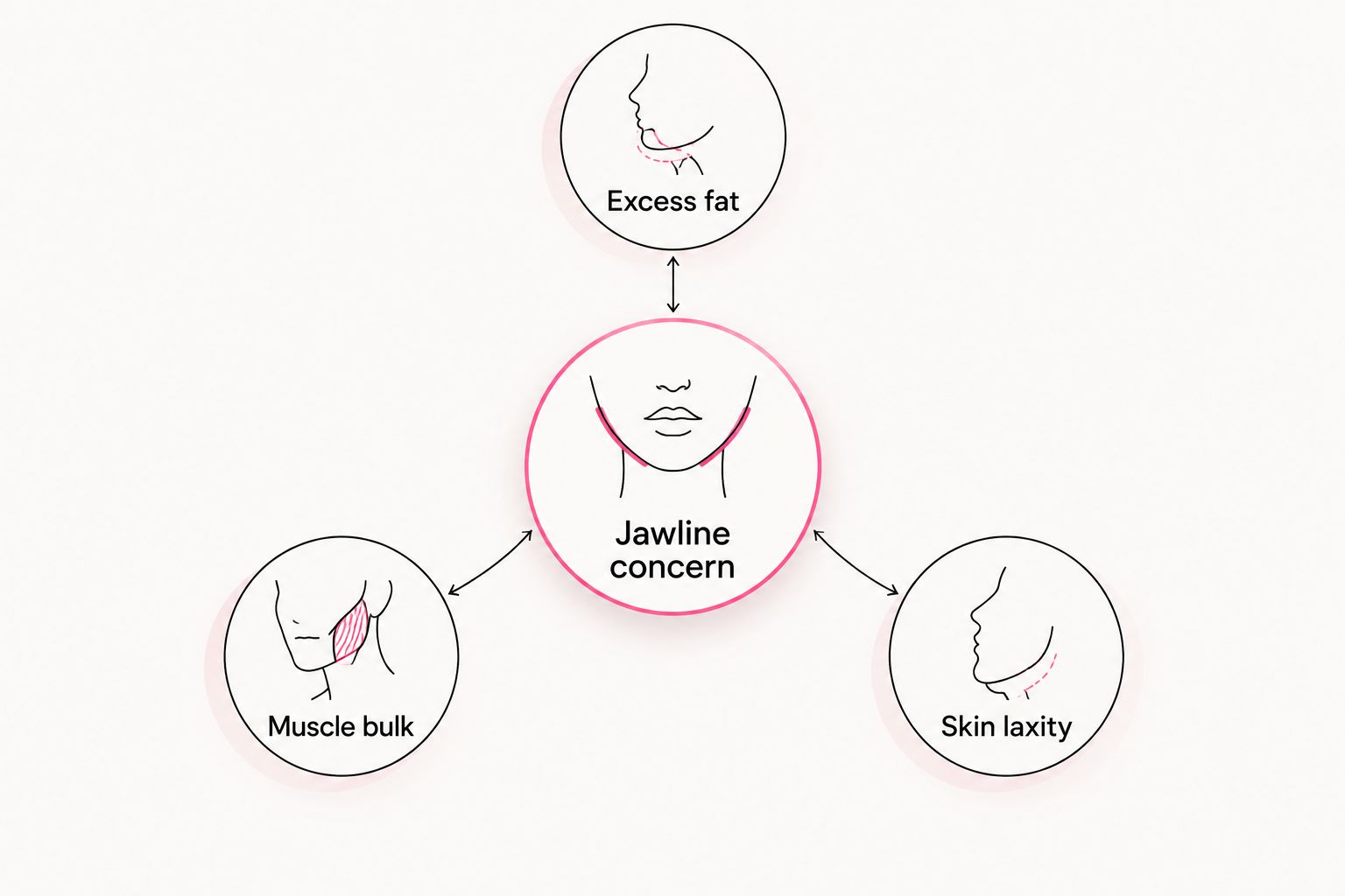 Diagram showing three causes of jawline concerns: fat, muscle, and skin laxity