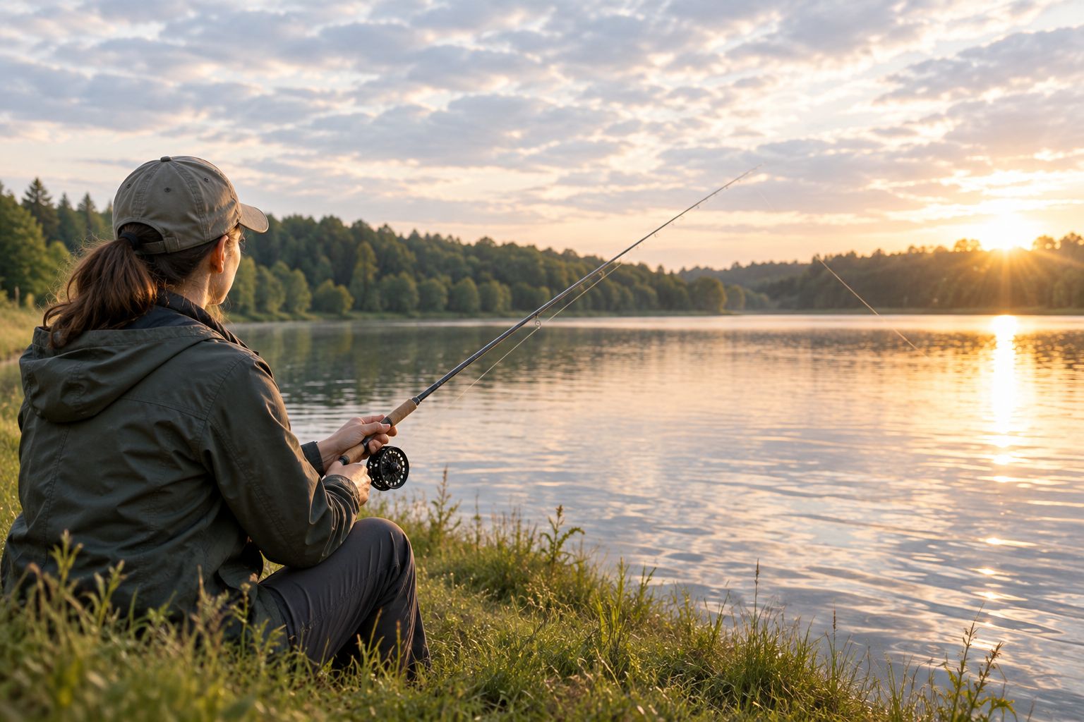 Angler practicing with a hand reel beside open pond water