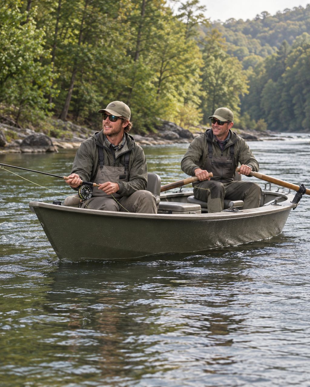 AI-generated illustration of two anglers fly fishing from a drift boat on a wooded river