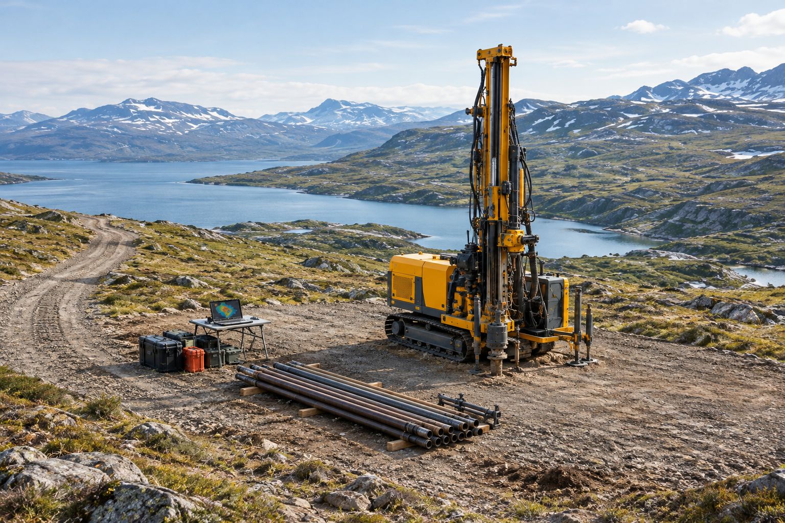 Drilling rig with an approach route, laid-out rods, and clear working space around the mast