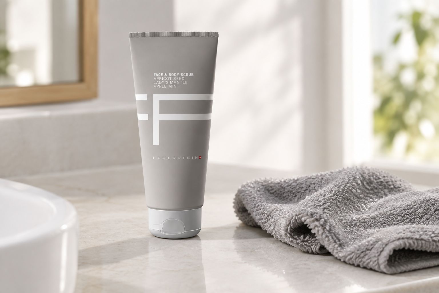Face and body scrub on a bathroom counter beside a washcloth