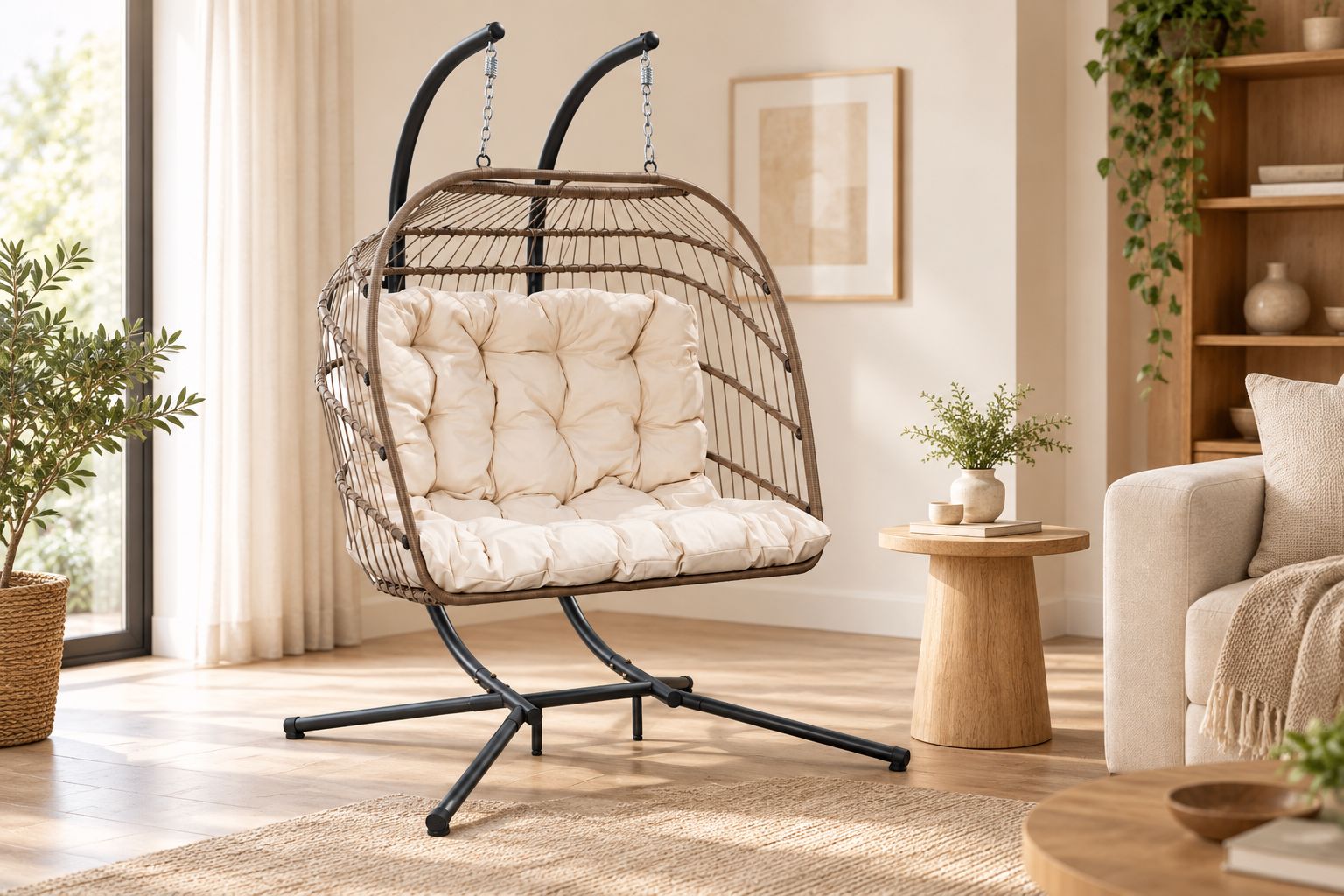 Grand fauteuil suspendu blanc crème et marron dans un salon aux tons beiges.