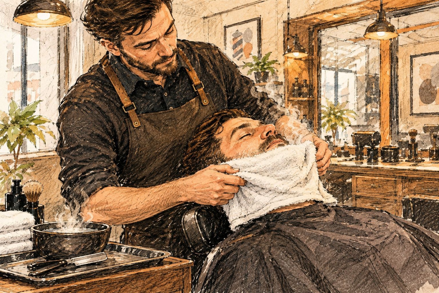Barber applying a hot towel before a straight-razor shave