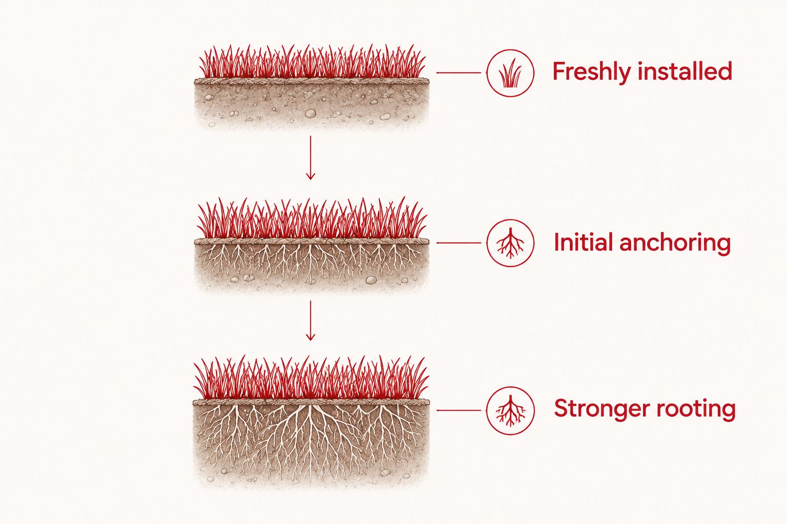 Sod establishment stages showing roots growing from the sod layer into the soil beneath it.