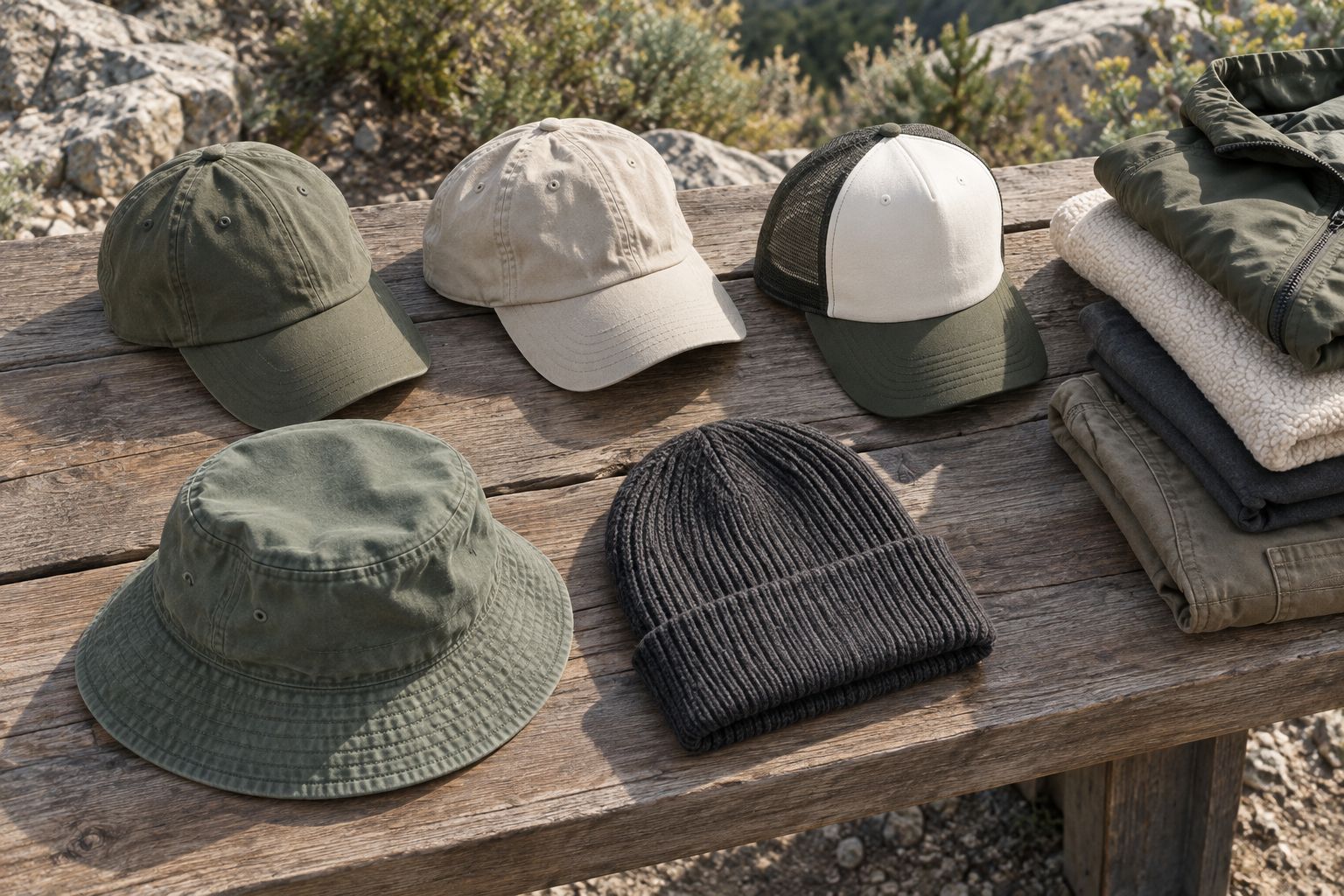 Five everyday hat styles showing different crowns, brims, and a knitted beanie