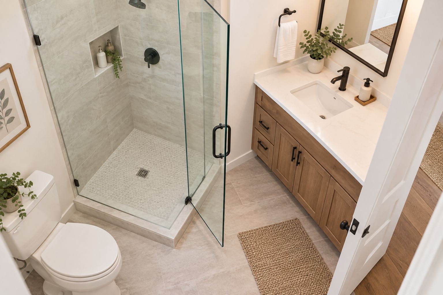 Bathroom layout showing the clearance between a hinged glass shower door and nearby fixtures