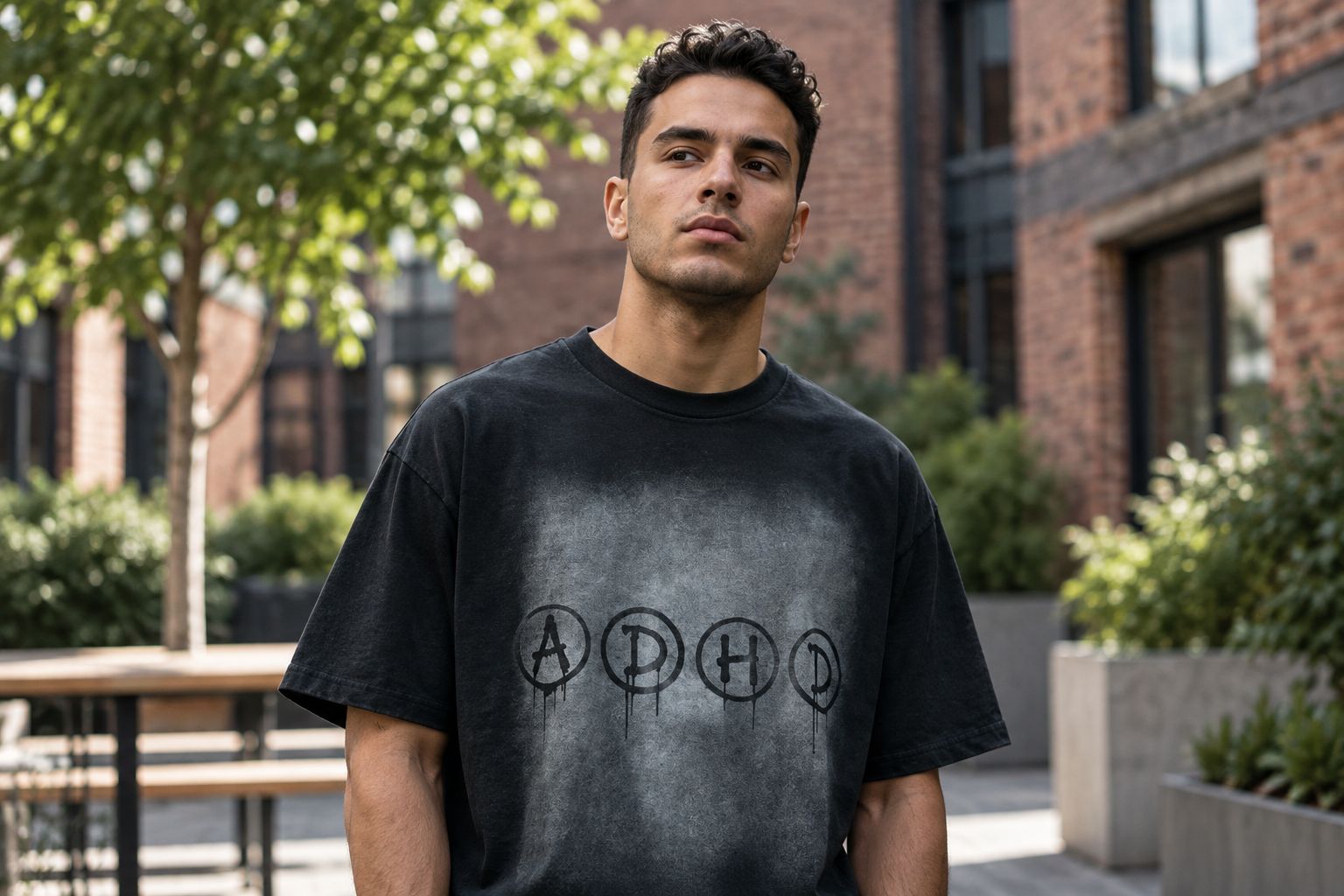 Person wearing the ADHD Drip Tee outdoors in daylight