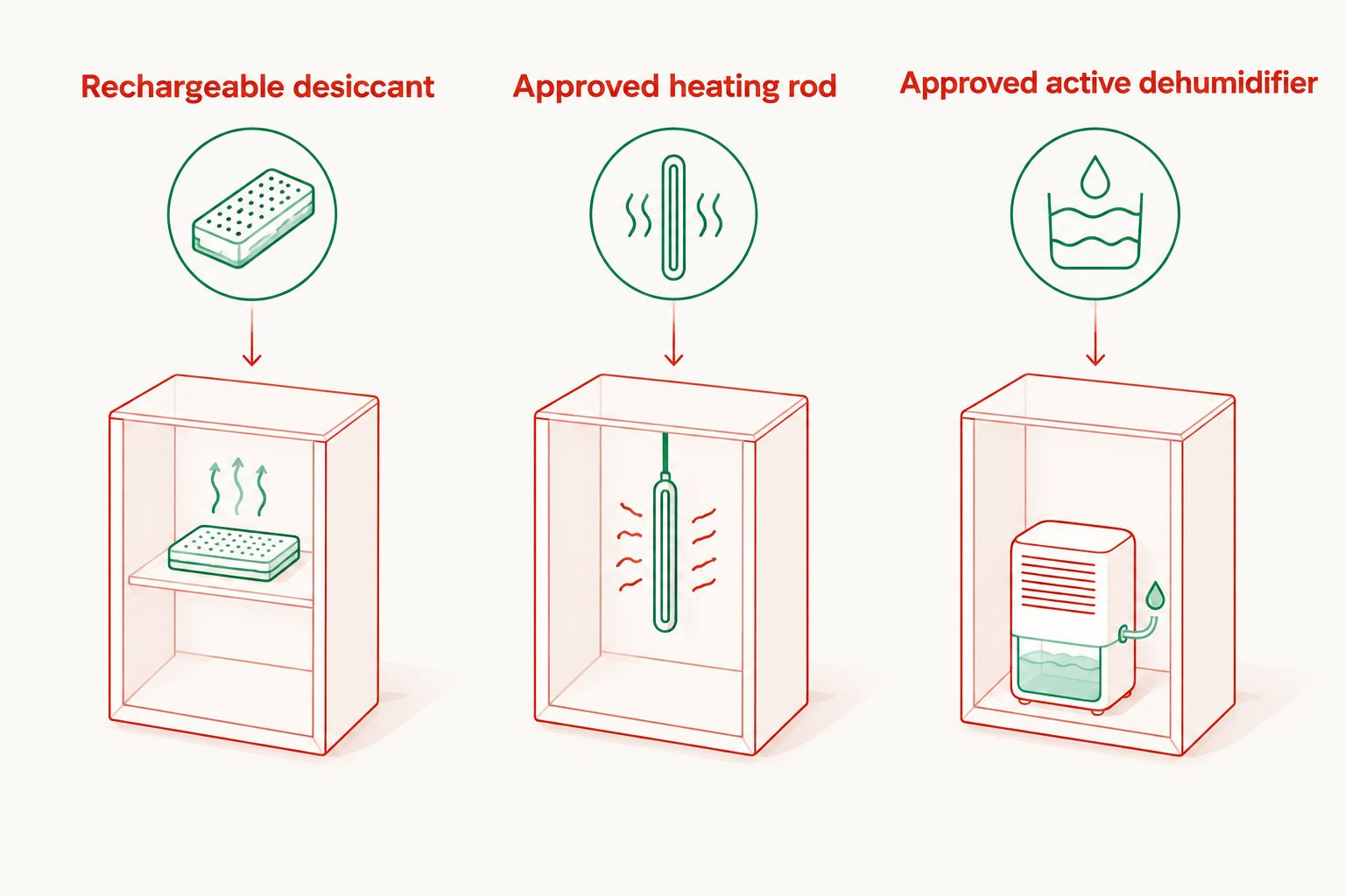 Comparison of desiccant, heating rods and active dehumidifiers for gun-safe moisture control