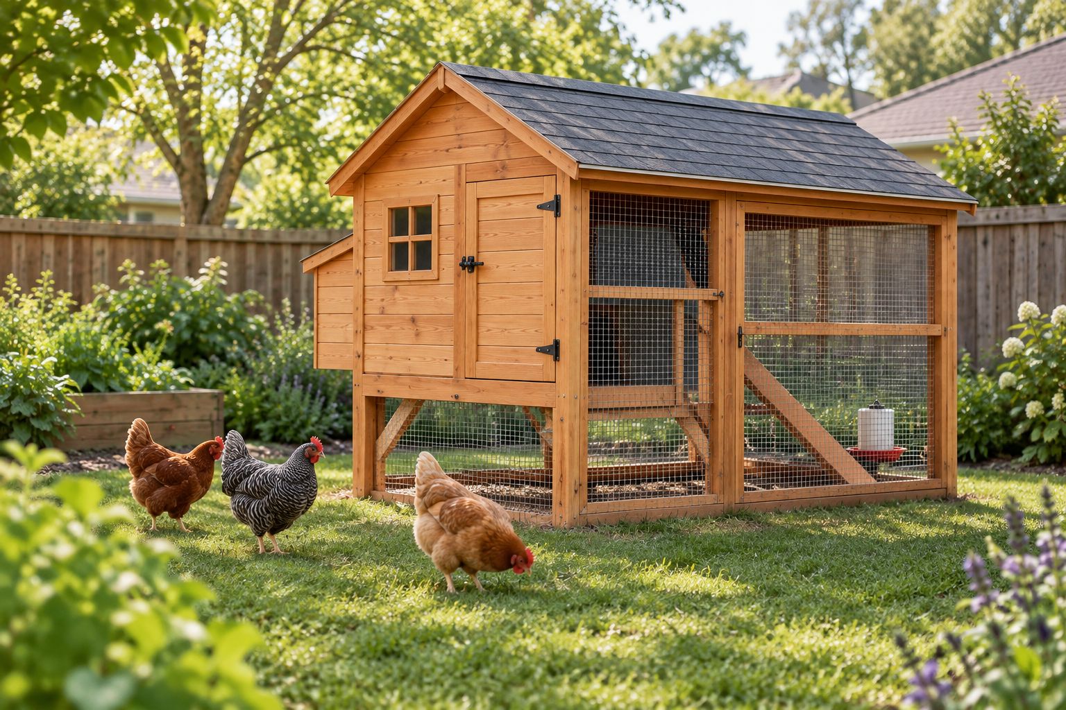 Elevated hutch-style chicken coop in a small backyard with hens on the grass
