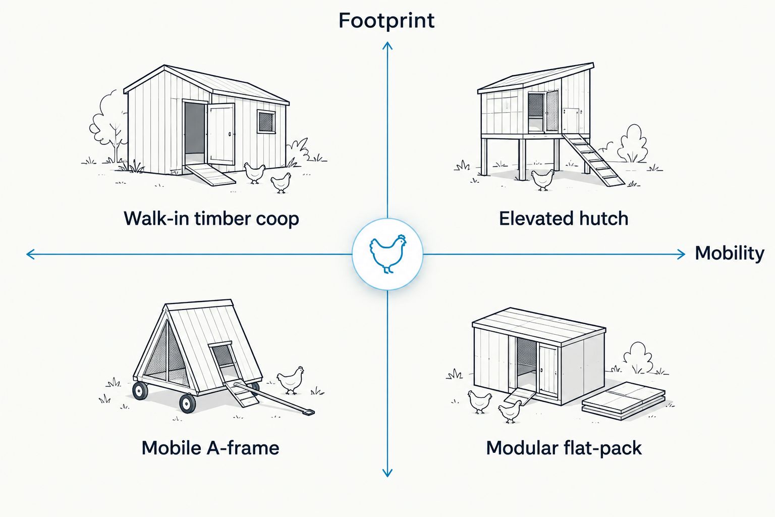 2x2 matrix comparing chicken coop styles by footprint and mobility