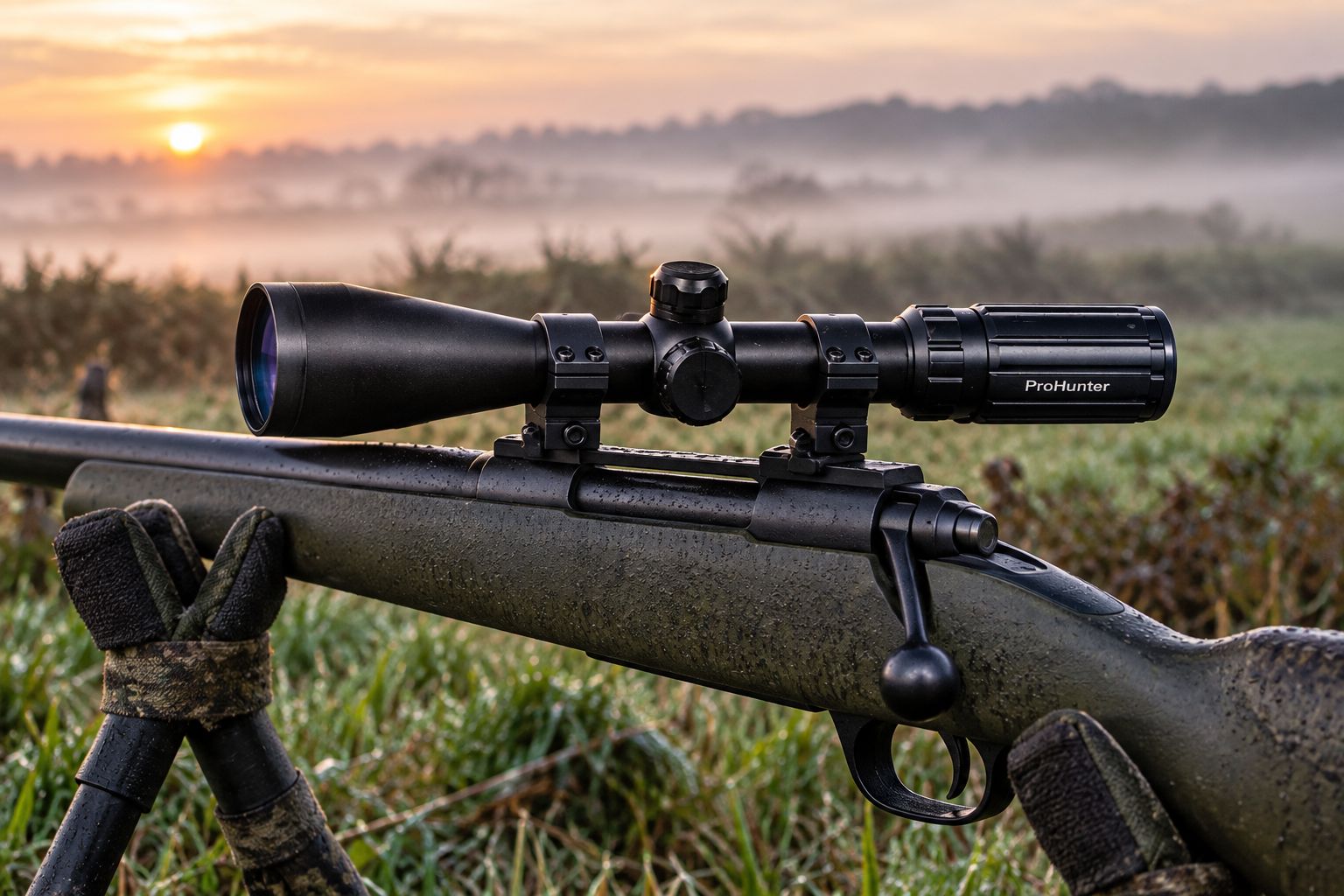 Hunting rifle scope on a rifle resting on shooting sticks at dawn