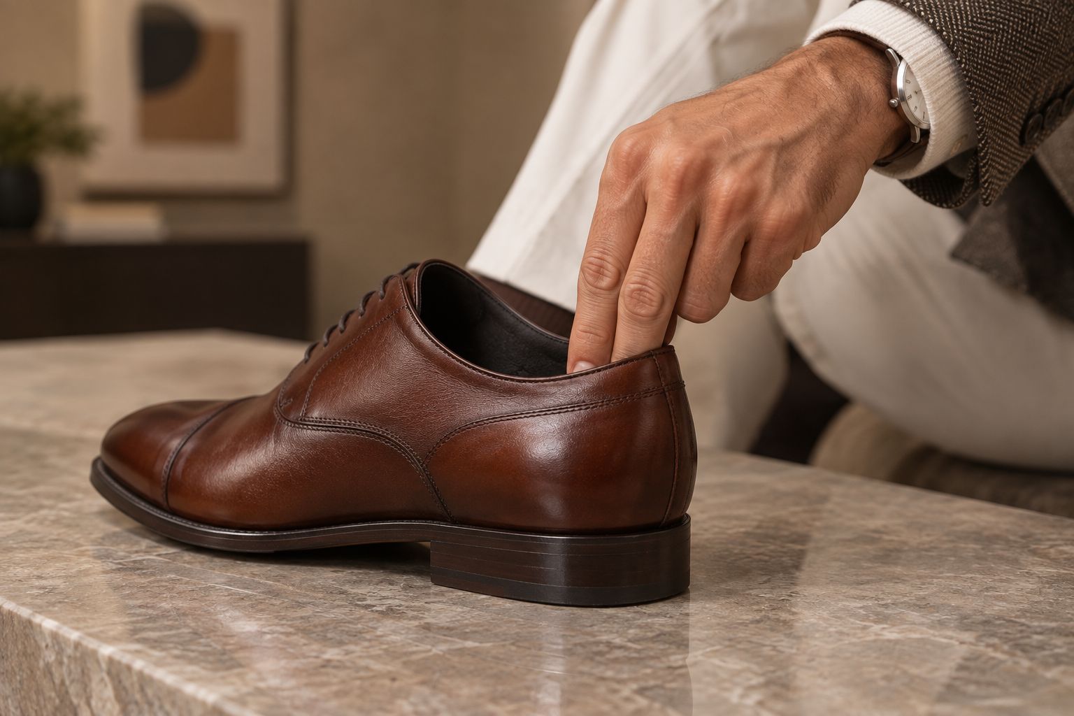 Checking the firmness of a leather dress shoe's heel counter by hand